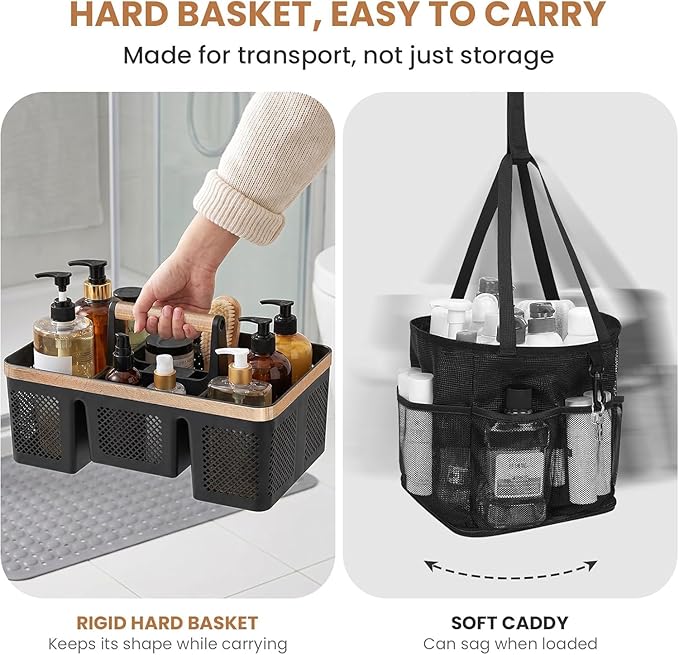 BYUNER Plastic Shower Caddy Dorm: Portable Hard Shower Basket with Handle, 4 Divided Compartments, All-Side Drainage, Bathroom & Cleaning Caddy for College Dorm Room Essentials, Black/wood grain