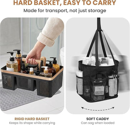 BYUNER Plastic Shower Caddy Dorm: Portable Hard Shower Basket with Handle, 4 Divided Compartments, All-Side Drainage, Bathroom & Cleaning Caddy for College Dorm Room Essentials, Black/wood grain