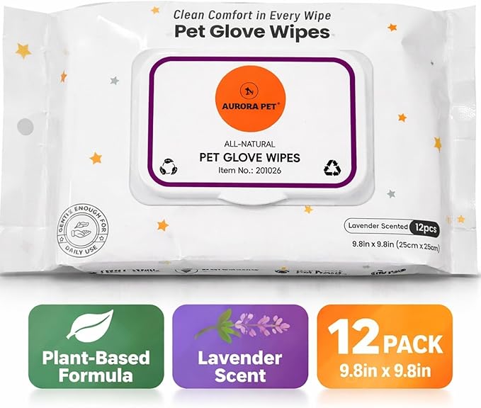 Aurora Pet Glove Wipes for Dogs & Cats, Wearable No-Rinse Grooming Glove Wipes for Paws, Face, Ears & Body, Hypoallergenic Disposable Pet Cleaning Wipes, Lavender Scented, 24 Count