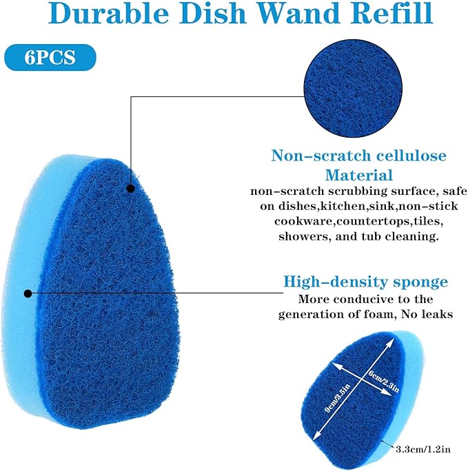 6 Pcs Dishwasher Sponge Dishwand Refills Scrubber Sponges Non Scratch Head Replacement for Dish Wand Heavy Duty Scrub Dots Brushes Soap Control Dispenser Scrubber Pads for Kitchen Cleaning