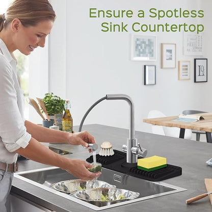 15 Inch Silicone Faucet Mat for Kitchen Sink Splash Guard – 2025 Upgraded Draining Mat with Water Tray Behind Faucet – Countertop Protectors to Catch Spills (Black, 14.6" x 5.5")
