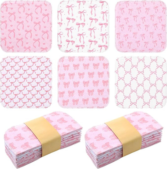 Kinlop 24 Pcs Lunchbox Cloth Napkins Bulk Reusable 2 Ply 8" x 8" Bow Style Flannel Wipes Washable Soft Cotton Sturdy Absorbent Cloth Placemats for Dining Thanksgiving Home Party