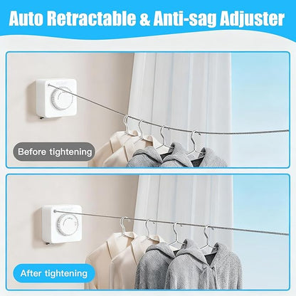 Retractable Clothesline Indoor - Non-Sagging Retractable Clothesline Outdoor - Retracting 13.8 Ft Heavy Duty Drying Clothes Line - Wall Mounted Stainless Steel Laundry Line (White, Square)