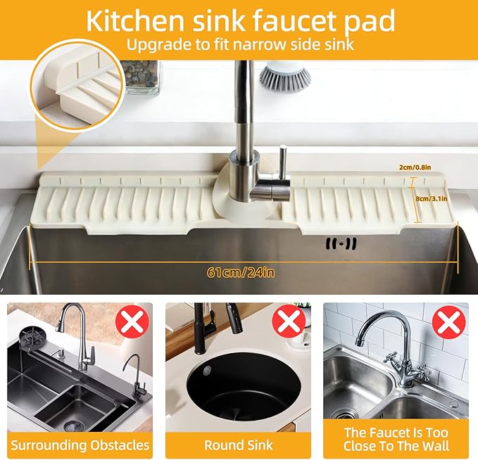 24" Silicone Sink Mat for Kitchen(Released in 2026) – 8° Slope for Quick Self-draining,Sink Splash Guard Behind the Faucet for Kitchen&Bathroom Area, Narrow Water Splash Guard Easy to Clean (Beige)