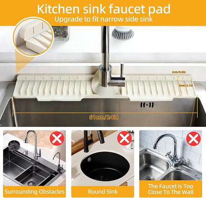24" Silicone Sink Mat for Kitchen(Released in 2026) – 8° Slope for Quick Self-draining,Sink Splash Guard Behind the Faucet for Kitchen&Bathroom Area, Narrow Water Splash Guard Easy to Clean (Beige)