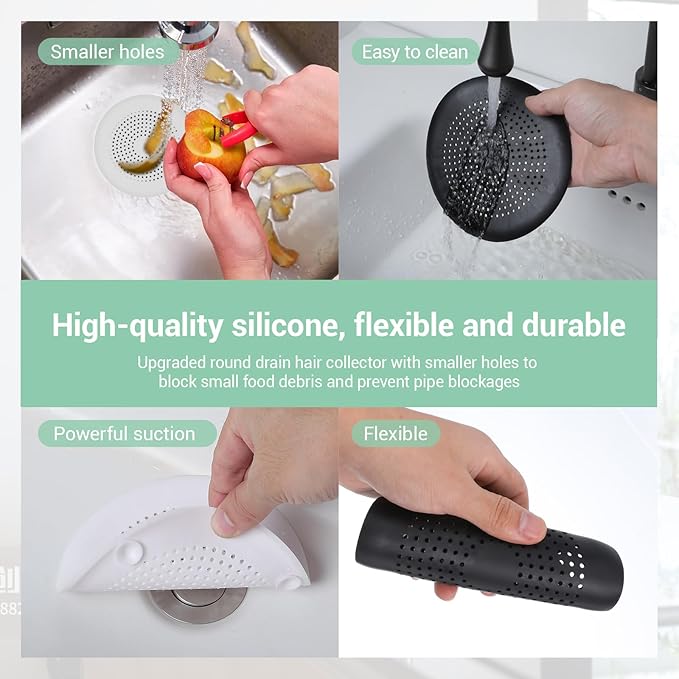 4Pcs Silicone Drain Covers Round Hair Drain Catcher with Suction Cup Shower Drain Hair Catcher Hair Stopper Shower Drain Covers for Shower Drains Bathroom Kitchen Bathtub Sink Easy to Install andClean
