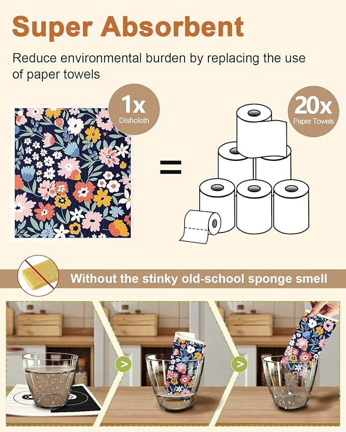 Miss Adola Swedish Dishcloths for Kitchen with Hooks - Reusable Dish Cloths for Washing Dishes Fast Drying Cute Fun 5 Pack Swedish Dish Towels Washable Cleaning Sponge, Color Floral Cluster