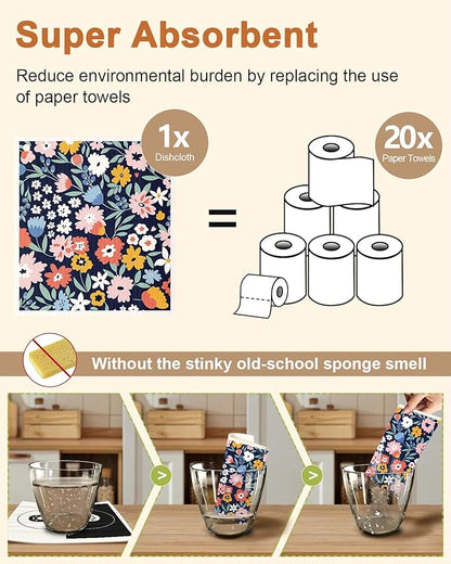 Miss Adola Swedish Dishcloths for Kitchen with Hooks - Reusable Dish Cloths for Washing Dishes Fast Drying Cute Fun 5 Pack Swedish Dish Towels Washable Cleaning Sponge, Color Floral Cluster