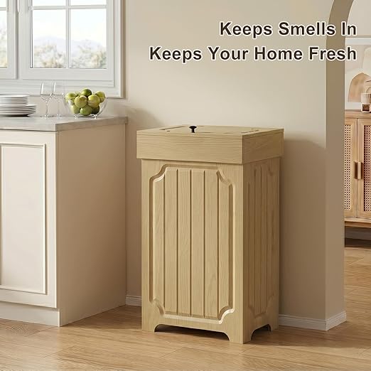 Povrgive Wood Trash Can Cabinet, 13 Gallon Hidden Kitchen Garbage Can with Lid, Farmhouse Dog Proof Trash Can, Metal Ring Included, 16" L x 13" W x 26.5" H, Wood