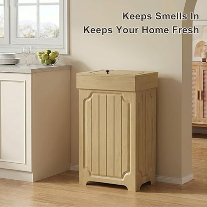 Povrgive Wood Trash Can Cabinet, 13 Gallon Hidden Kitchen Garbage Can with Lid, Farmhouse Dog Proof Trash Can, Metal Ring Included, 16" L x 13" W x 26.5" H, Wood