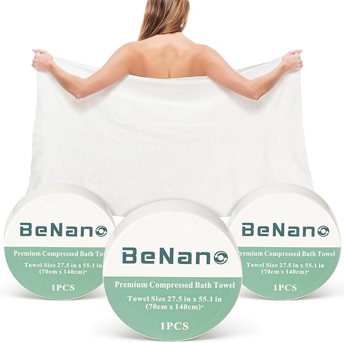 Benano Premium Compressed Towel Tablets Disposable Towel 55.1 in x 27.5 in Large Bath Towel Travel Towel Reusable for Hotel Camping Sports Hiking Beach Swimming Vacation (55.1" x 27.5" (3 Pack))
