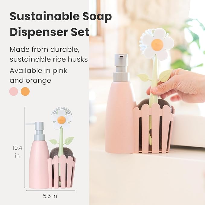 Vigar Florganic Kitchen Sink Caddy Set with Dish Soap Dispenser - Sponge Holder, Decorative Flower Dish Brush & Sponge, Kitchen Sink Organizer, Brush Holder and Soap Caddy for Countertop - Pink