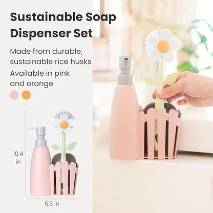 Vigar Florganic Kitchen Sink Caddy Set with Dish Soap Dispenser - Sponge Holder, Decorative Flower Dish Brush & Sponge, Kitchen Sink Organizer, Brush Holder and Soap Caddy for Countertop - Pink