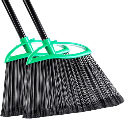 2 Pack Heavy Duty Brooms, 55" Long Handle Indoor Outdoor Angle Broom Set, Household Commercial Floor Cleaning, for Sweeping Home, Kitchen, Deck, Garage, Patio - Green