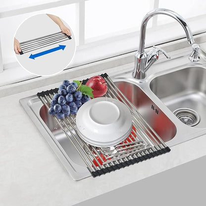 Expandable Roll Up Dish Drying Rack Over The Sink Rack, Large Dish Drainer Rack for Stainless Steel Sinks, Non-Slip Silicone Collapsible Rack 18 Tube for Kitchen,Sliver