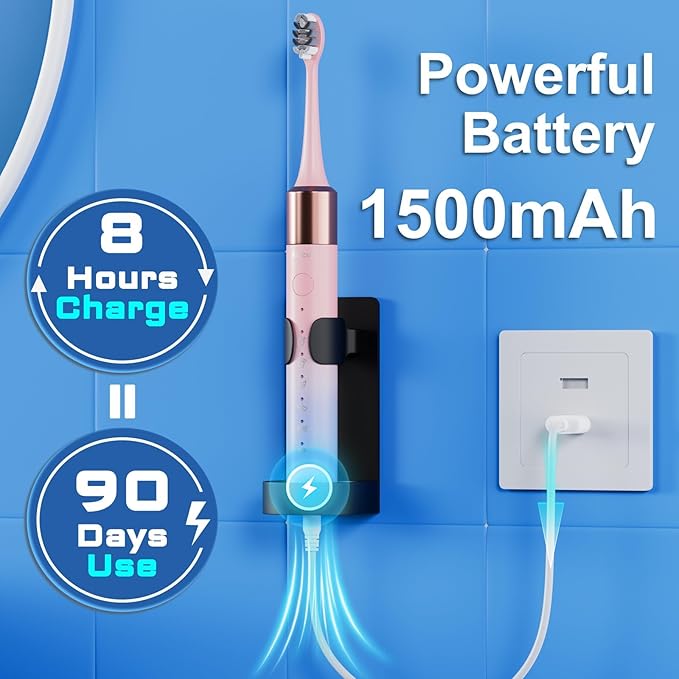 Kuicur Portable Electric Soft Toothbrush with Travel Case, 90-Day Largest Battery Life, 10 Brush Heads, 5 Modes Deep Clean, Ergonomically-Designed for Enhanced Comfort - Ideal Gift for Adults & Kids