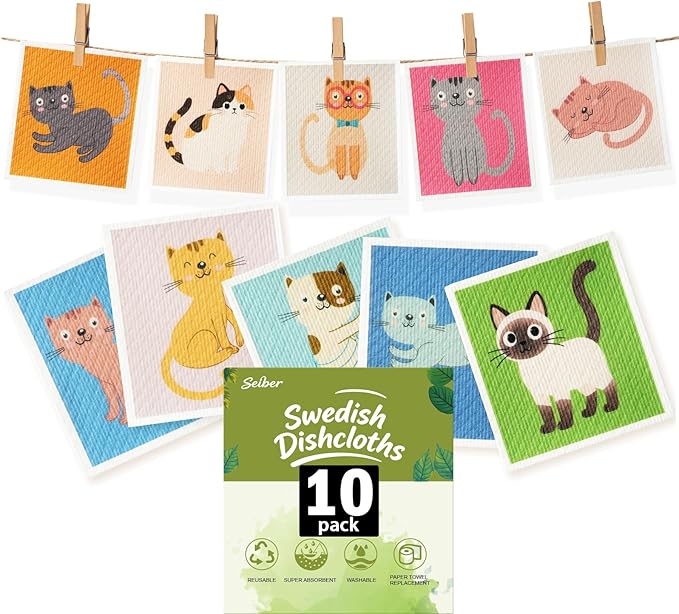 SEIBER Swedish Dishcloths for Kitchen,10 Pack Washable Dish Rags,Super Absorbent Reusable Towels Washable, Non-Scratch Cellulose Sponge Cloths,Quick Drying, Dishwasher Safe (Cat)