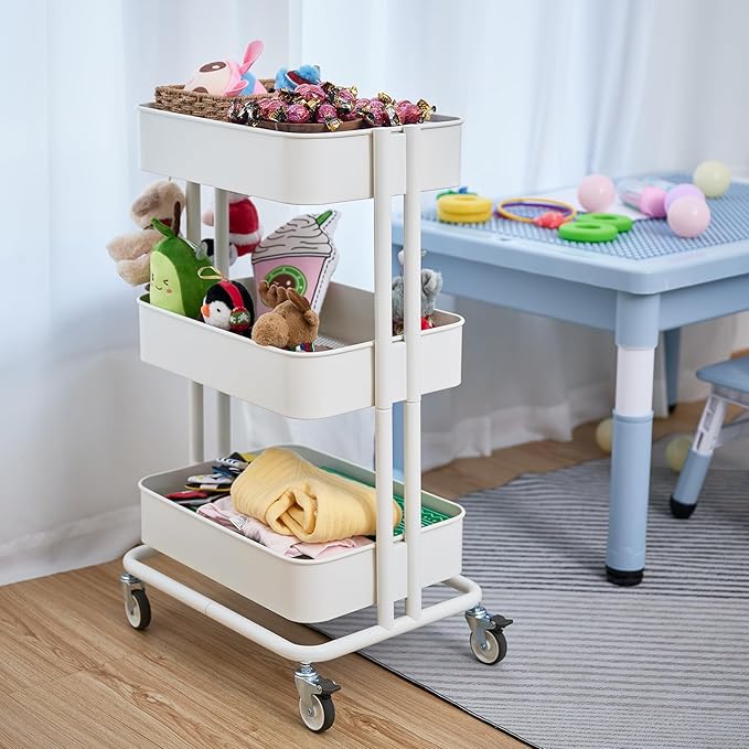 3 Tier Rolling Cart Metal Heavy Duty Utility Cart with Silent Caster Lockable Wheels Multi-Functional Organization Carts Storage Trolley with Mesh Shelves for Office Kitchen Living Room white