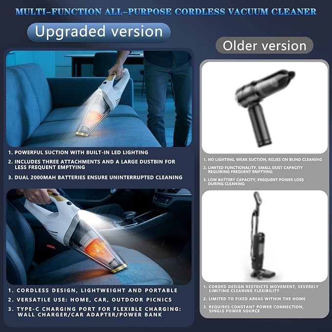 Handheld Vacuum Cordless, Dust Busters Cordless Rechargeable Car Vacuum with LED Light, Strong Suction with Filters, Vacuum Cleaner for Car, Handheld Vacuum for pet hair /Home/Office, Quick Clean