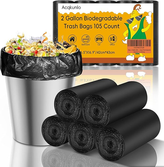 2 Gallon Mini Trash Bag Black-Biodegradable - Small Garbage Bags For Bathroom Can Unscented Compostable 105 Count Little Kitchen Office Car Small Waste Basket Liners Bulk Strong Thick Acqkunlo