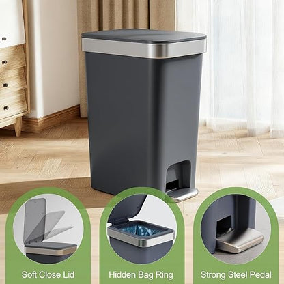 2 Pack Bathroom Garbage Can with Lid, 2.6 Gallon /10 Liter Small Trash Can, Press Top Bin & Step Metal Pedal Trash Bin, Waste Basket for Bedroom, Home Offices, Small Spaces, Dorm (Black Gray)