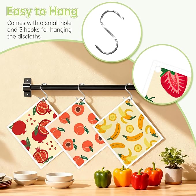 Swedish Dishcloths for Kitchen, 5 Pack Fruit Reusable Paper Towels with 3 Hooks, Washable Dish Cloth Set, Absorbent Cleaning Cloths for Home Washing Dishes Housewarming Gifts for Friend