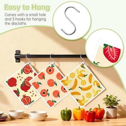 Swedish Dishcloths for Kitchen, 5 Pack Fruit Reusable Paper Towels with 3 Hooks, Washable Dish Cloth Set, Absorbent Cleaning Cloths for Home Washing Dishes Housewarming Gifts for Friend