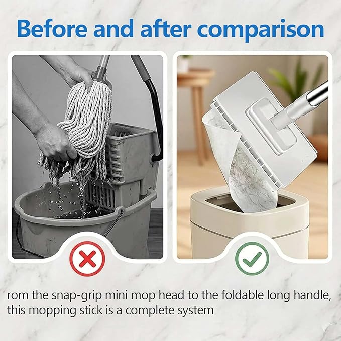 Snap Grip Mini Mop, 2026 Upgraded Disposable Dust Mop, Zero Touch Mini Mops, Convenient Cloth Changing Mops for Kitchen Counter, Foldable 130cm Adjustable Long Handle Mopping Stick (10*Cloth)
