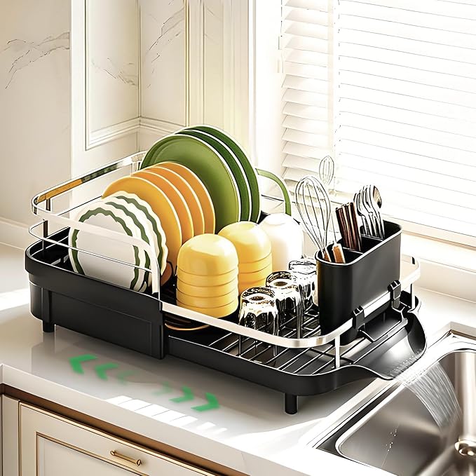 Dish Drying Rack for Kitchen Counter, Expandable Dish Drainer with Drainboard Set and Removable Utensil Holder, Space-Saving Countertop Organizer
