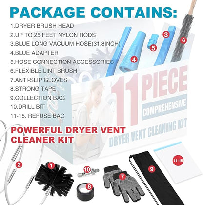 Sealegend 15-Piece 25-Feet Dryer Vent Cleaner Kit, Dryer Cleaning Tools, Omnidirectional Dryer Lint Vacuum Attachment, Dryer Vent Brush, Universal Vacuum & Dryer Adapters (Blue)