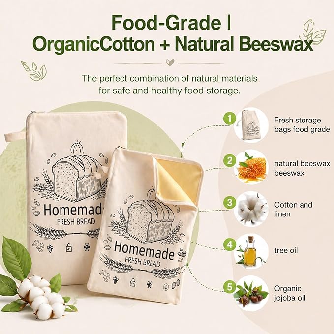 Beeswax Bread Bags, Bread Bags for Homemade Bread, Bees Wax Bread Bag, Reusable & Eco-Friendly,100% Natural Beeswax & Cotton, Long-Lasting Freshness,Airtight & Freezer-Friendly Food Storage