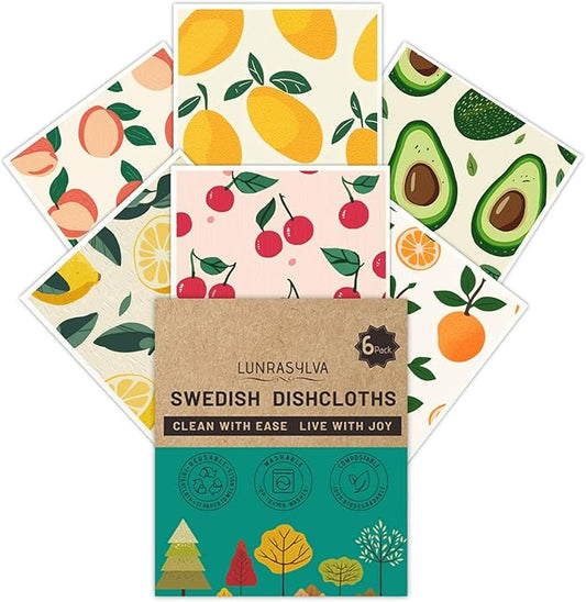 Swedish Dishcloths for Kitchen 6 Pack, Reusable Paper Towels Super Absorbent, Biodegradable Quick Drying Washable Dish Cloths Dishwasher Safe, Perfect as Hostess or Housewarming Gifts (Fruit)