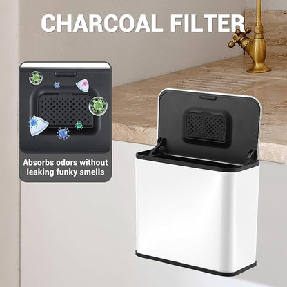 GarveeHome 1.3 gal/5L Countertop Compost Bin with Lid, Hanging Small Trash Can with Odor Control Charcoal Filter ＆ Bucket Under Sink for Kitchen, Hanging/Wall Mounted/Standing Food Waste Bin, White