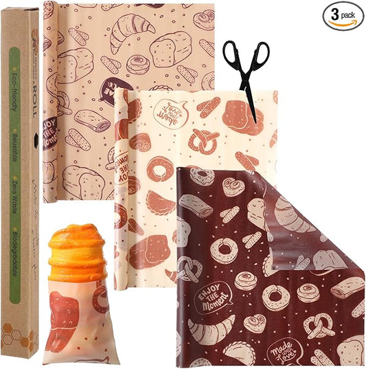 3 Rolls Reusable Beeswax Wraps for Food 13 x 40 Inches Bees Wax Wraps Reusable Food Storage Wrap Beeswax Paper Roll for Bread Sandwich Cheese Fruit Snacks(Bakery)