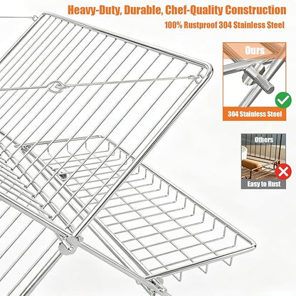 Stainless Steel Foldable Dish Drying Rack, 2 Tier Collapsible Kitchen Rack for Counter, Large Capacity Expandable Dish Drainer Rust Proof