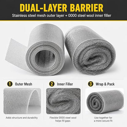 Steel Wool Bulk - 5 Pack 2.75 in x 11.5 Ft Steel Wools & 2 Pack 5 in x 15 Ft Stainless Wire Mesh, Mouse Hole Filler for House & Garden, Fine SteelWool for Polishing Chrome, Glass