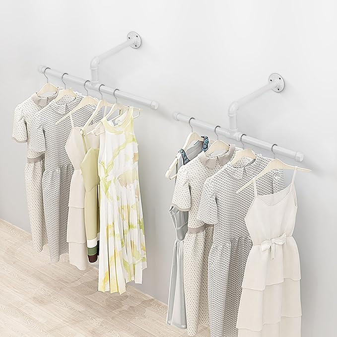 Industrial Pipe Clothes Rack Wall-Mounted, Multi-purpose Rustic Vintage Hanging Rod for Space-Saving Storage in Bedroom, Bathroom, and Laundry Room, 2 Pack White