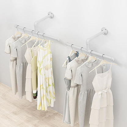 Industrial Pipe Clothes Rack Wall-Mounted, Multi-purpose Rustic Vintage Hanging Rod for Space-Saving Storage in Bedroom, Bathroom, and Laundry Room, 2 Pack White
