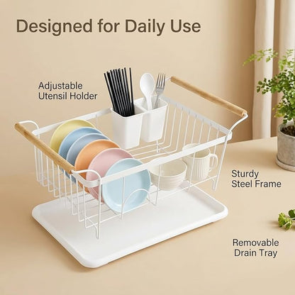 Dish Racks for Kitchen Counter, Thickened Metal Dish Drying Rack with Wooden Handles, Kitchen Countertop Organizer for Dishes, Spoons and Forks, No Assembly, White, 18.7''*12.6''*5.51''
