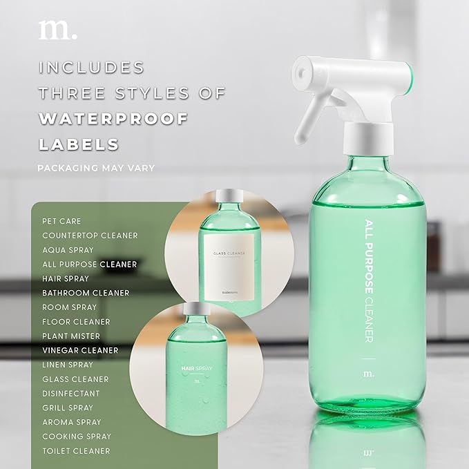 MAISONOVO Green Glass Spray Bottle 16 oz Pack of 2 - Green Spray Bottle for Plants with Fortified Glass & Fine Mist - Ideal for Plant Care, Gardening, Misting, Seedlings & Indoor Plants - 16 Labels