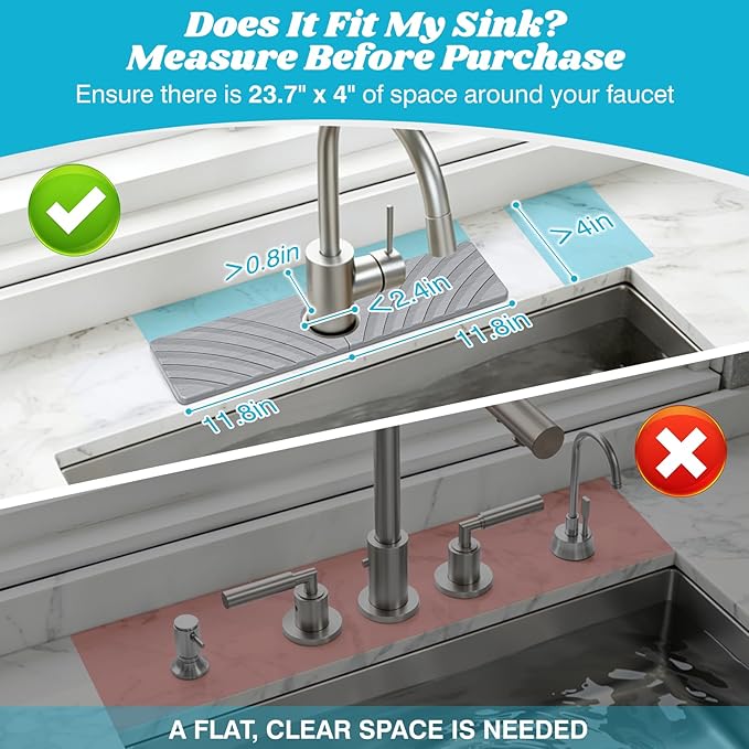 SpaceHacks Stone Faucet Mat for Kitchen Sink - Fast Drying Diatomite Stone Drying Mat, Textured Drainage Sink Protector, Water Splash Guard with Base Pads for Bathroom Counter (15.7x4 in, Light Gray)