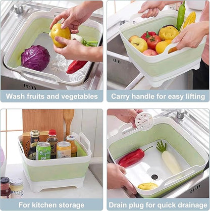 2.4 Gal(9L) Collapsible Dish Basin with Drain Plug, Space Saving Outdoor Multiuse Foldable Sink Tub, Dishpan, Kitchen Storage Tray for Camping, Vegetable Washing, RV (Green)