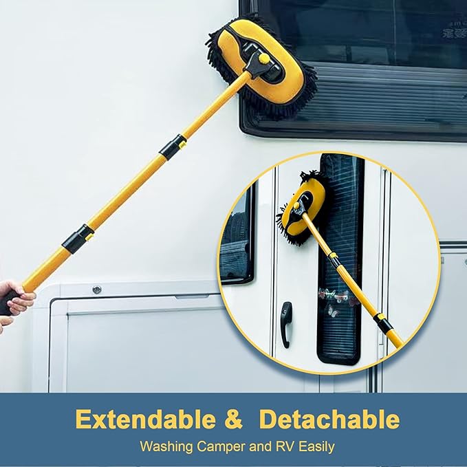 YeewayVeh Car Wash Brush Mop with Long Handle, 15° Curved Extension Pole Car Wash Kit with 3 Chenille Brush Head Covers for RV Truck Camper Cleaning, Yellow