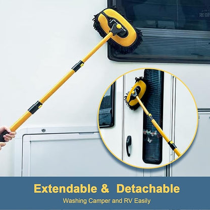 YeewayVeh Car Wash Brush Mop with Long Handle, 15° Curved Extension Pole Car Wash Kit with 3 Chenille Brush Head Covers for RV Truck Camper Cleaning, Yellow