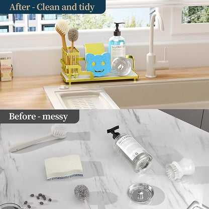 Consumest Sponge Holder for Kitchen Sink - Sink Caddy Organizer with Water Absorbing Stone Tray, Detachable Brush Holder, Stainless Steel Kitchen Counter Organizer Rack, Gold