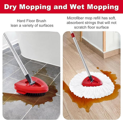 Mop Heads Replacement Compatible with O-Cedar EasyWring 1-Tank System, Includes 2 Microfiber + 2 Chenille Refills + 1 Scrub Brush + 1 Spin Mop Base for Hard Floor Cleaning