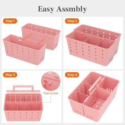 Lifewit Shower Caddy Portable, Cleaning Supplies Caddy Organizer with Handle and Adjustable Dividers, Plastic Shower Basket for Dorm Room Essentials, College, Bathroom, Pink, 2 Packs