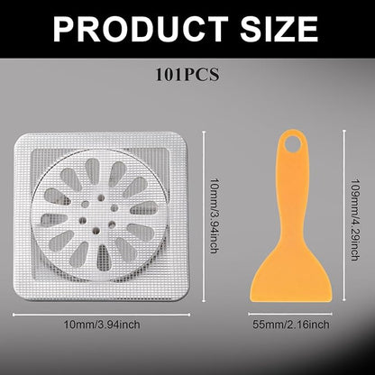 100 PCS 4"x4"Disposable Hair Drain Stickers, Anti-Blocking Filter Screen Self-Adhesive Mesh Drain Hair Drain Stickers with Scraper, Effective Hair Catcher for Shower, Bath, Kitchen Drain