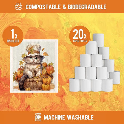 Swedish Dishcloths for Kitchen,6 Pack Fall Pumpkin Cat Swedish Dish Towels,Cellulose Sponge Cloths,Non Scratch Reusable Paper Towels, Biodegradable and Reusable Kitchen Dish Rags