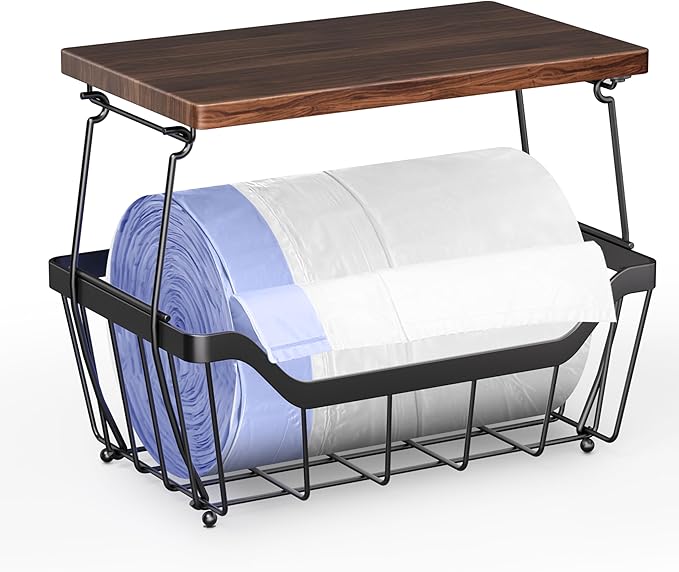 MOJOHAND Large Trash Bag Holder with Wooden Board, Garbage Bag Dispenser Under Sink, Metal Stackable Organizer and Storage for Kictchen Cabinet Pantry